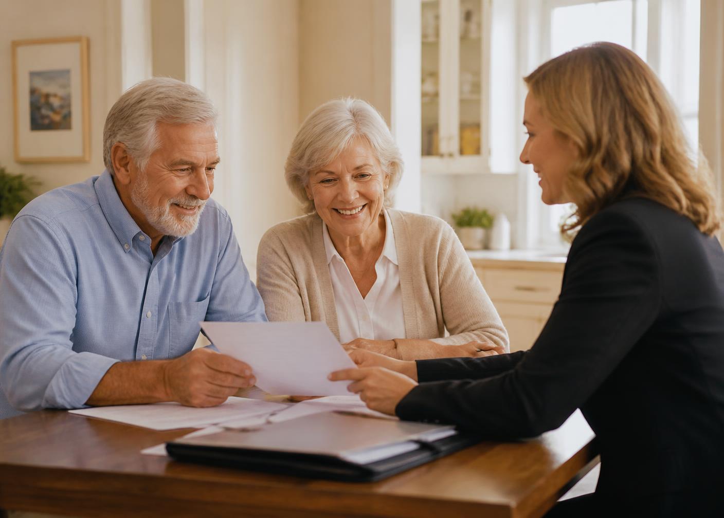 A licensed independent insurance agent reviewing life insurance paperwork with a couple at a kitchen table